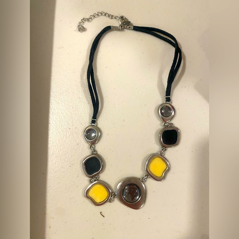 Silver tone necklace with enamel pendant charms decor